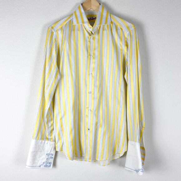 Robert Graham Embroidered Shirt Mens Small Yellow Striped Button Down Flip Cuff - Picture 1 of 16
